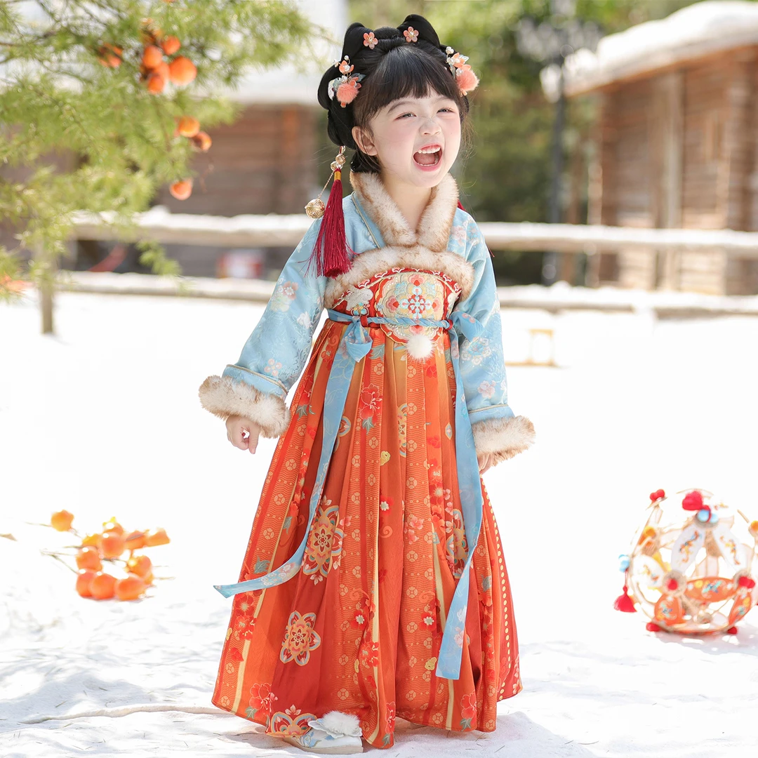 古月家.柿如意 汉服女童冬款儿童古风仙气加绒连衣裙古装表演襦裙