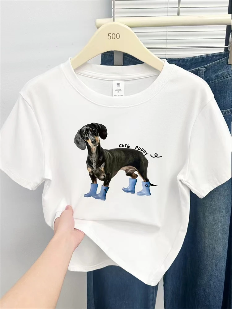 【TT专属】正肩短袖T恤女夏季新款小狗印花设计感休闲显瘦别致上衣