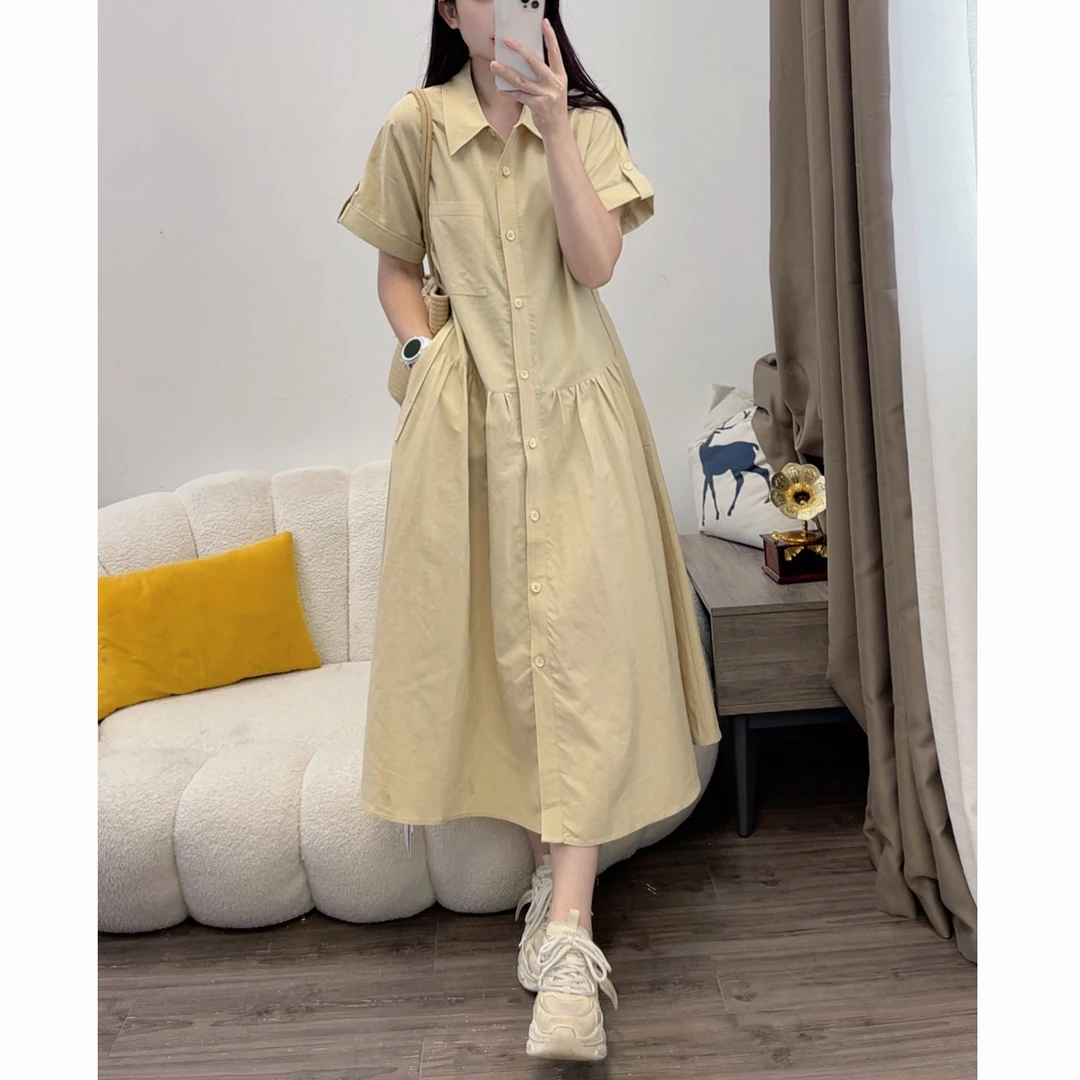 2025夏季新款女裙减龄宽松连衣裙立领短袖修身气质长裙DYY2830