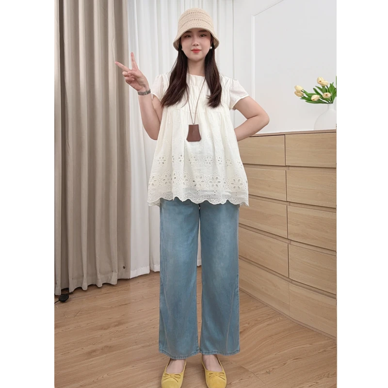孕妇套装2025夏装新款时尚宽松短袖娃娃衫九分牛仔裤阔腿裤两件套