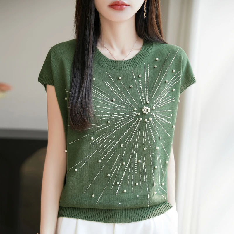 2025新款女装正品夏季浅绿色Tt恤竹节麻订珠钻短袖洋气大码薄上衣