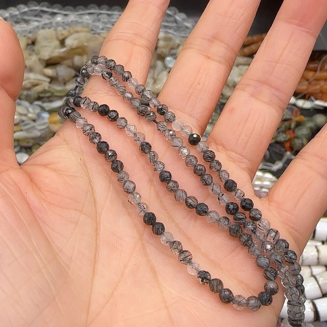 玛瑙/玉髓合金珠宝半成品黑发晶3mm一条