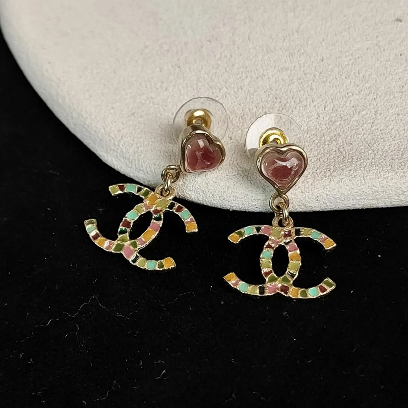 95新 Chanel/香奈儿 Azul-08A粉色琉璃爱心彩色珐琅双C耳钉52849