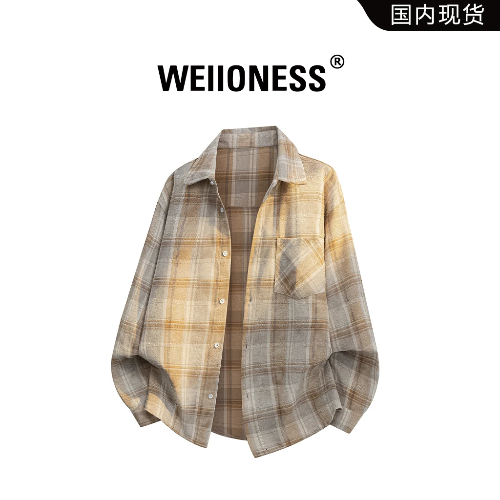 WEIIONESS美式复古翻领格子长袖衬衫男秋季设计宽松休闲衬衣外套
