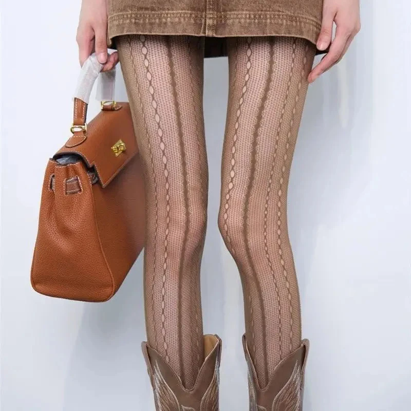 蕾丝丝袜复古菱格竖纹镂空辣妹灰色竖纹提花连裤袜