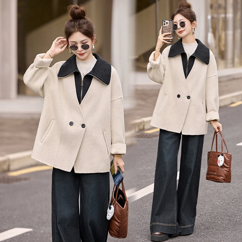 设计感撞色拼接双面羊毛外套女2025秋冬新款时尚百搭宽松毛呢大衣