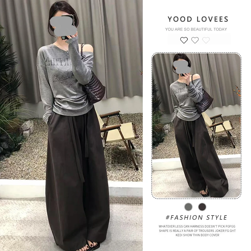 复古字母印花斜肩长袖T恤上衣女2025春秋新款休闲阔腿拖地裤套装