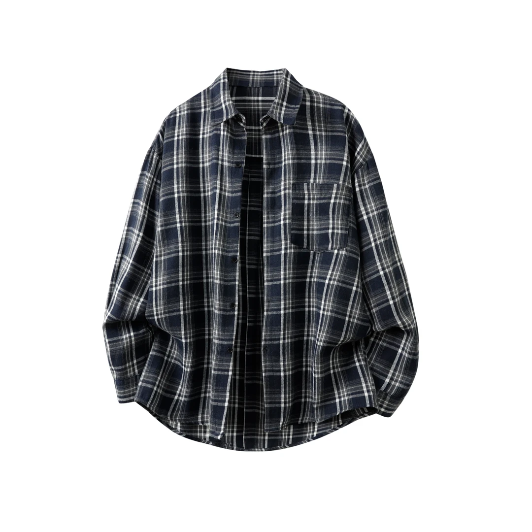 NINEDAO/玖岛秋季美式休闲ins风格子衬衫男时尚潮流百搭长袖上衣