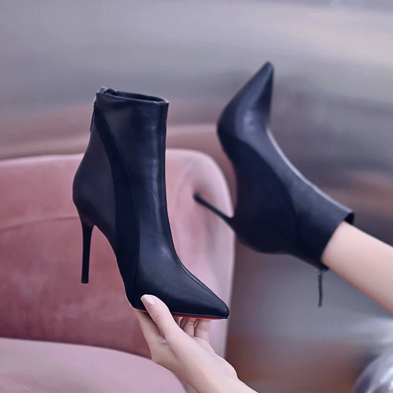 钎金鸟新款细跟加绒瘦瘦靴尖头后拉链超高跟性感红底短靴高跟鞋