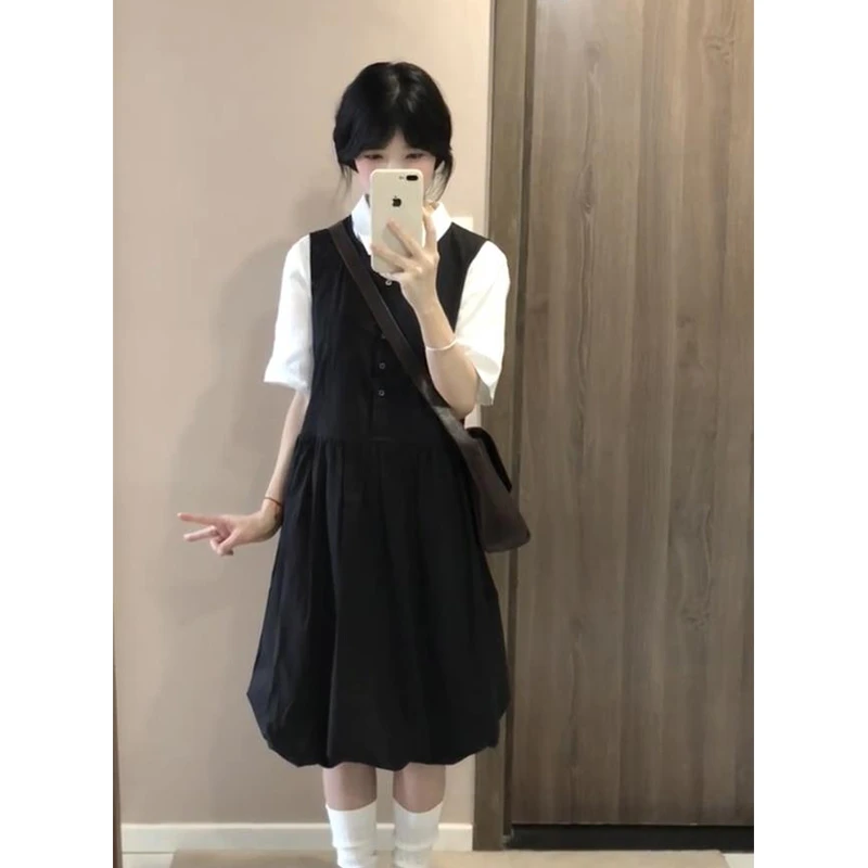 法式气质黑色无袖背心上衣连衣裙女夏新款收腰显瘦a字裙子两件套