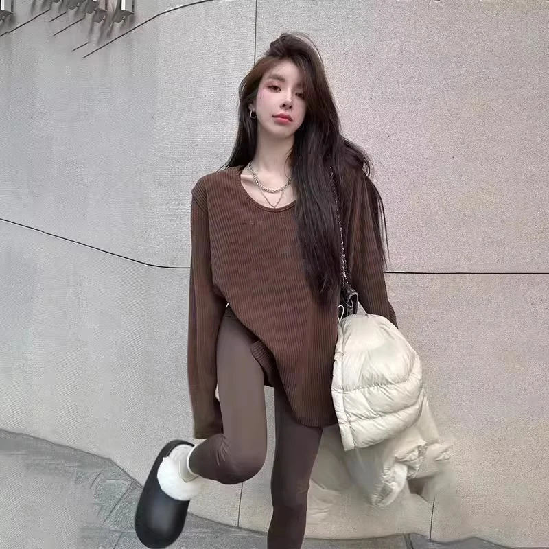 秋冬大码欧货复古慵懒风德绒磨毛长袖T恤女打底衫咖色中长款上衣