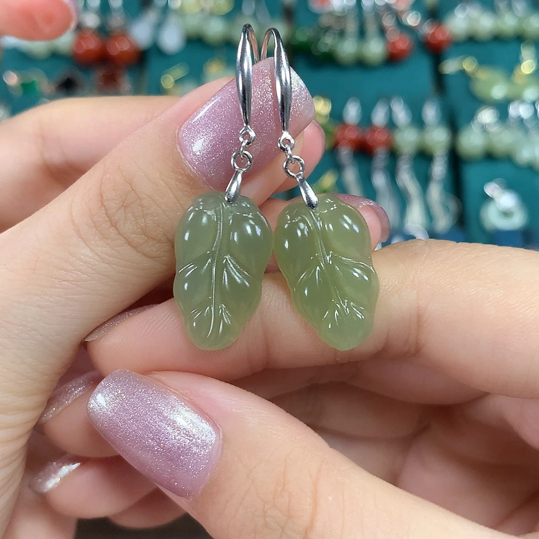 和田玉银S925镶嵌耳饰金枝玉叶