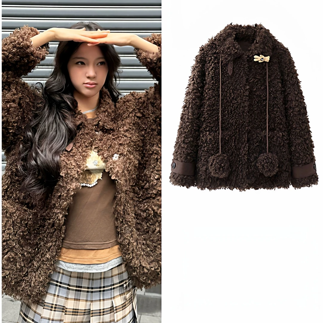 【B108】2025冬季新款慵懒毛绒球球小熊发夹外套