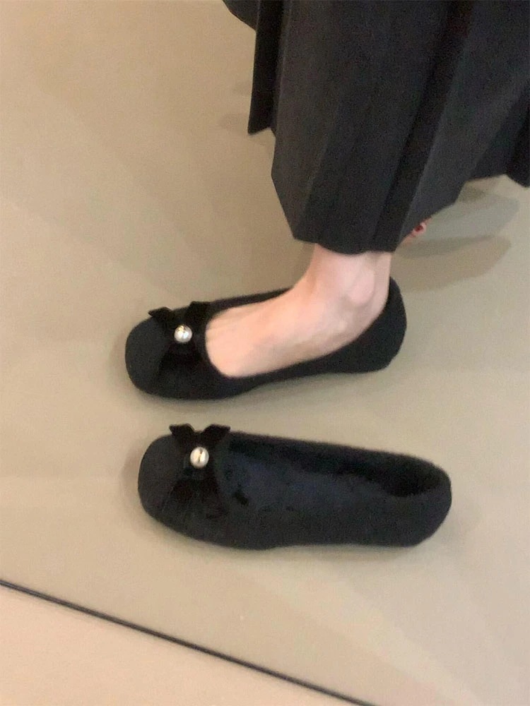 MKK-1206-11秋冬毛呢一脚蹬芭蕾鞋女法式方头蝴蝶结珍珠加绒单鞋