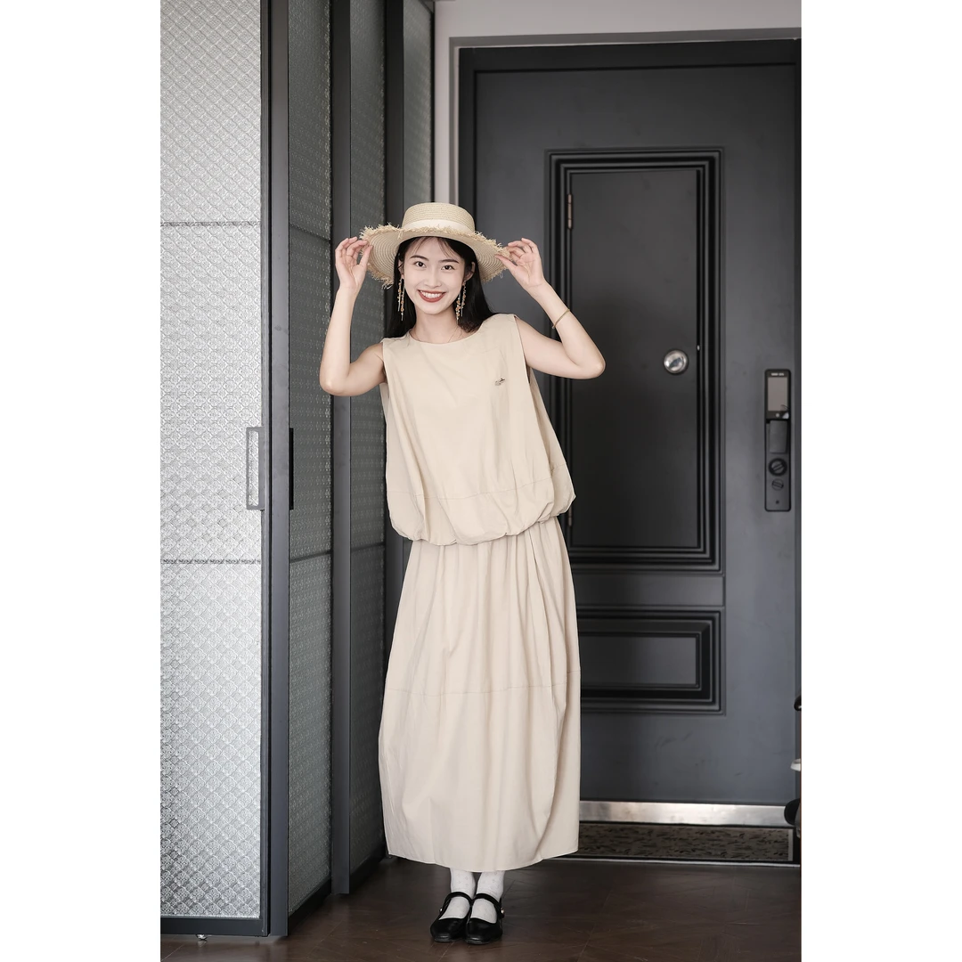 sdeer圣迪奥女装休闲松紧拼接碎褶茧型长裙S25281112