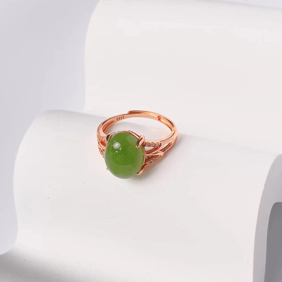 Y09H13【一阳珠宝】S925镶和田玉开口戒指【约10*11mm】多样性发一