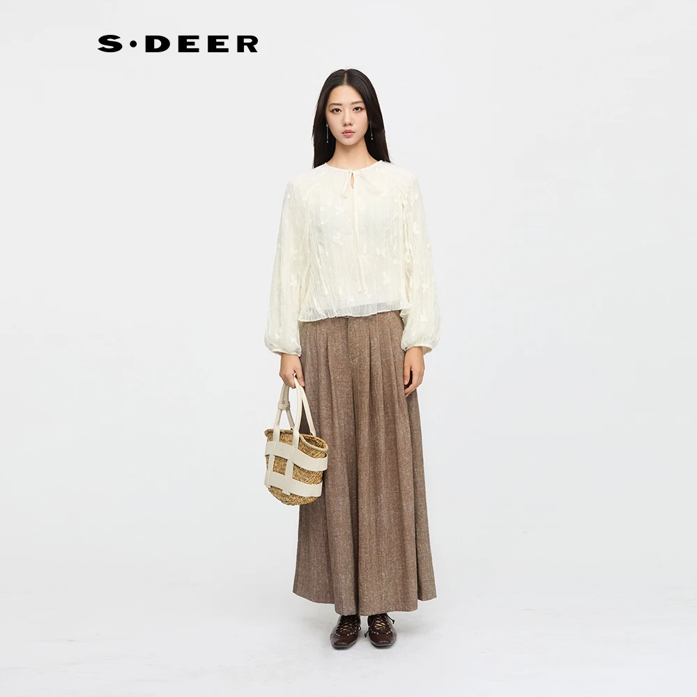 S·DEER圣迪奥女装纯欲刺绣提花衬衫时尚百搭奶白宫廷风长袖上衣女