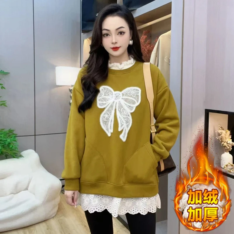 高含棉蝴蝶结卫衣女2024年冬季新款小个子加绒加厚减龄假两件上衣