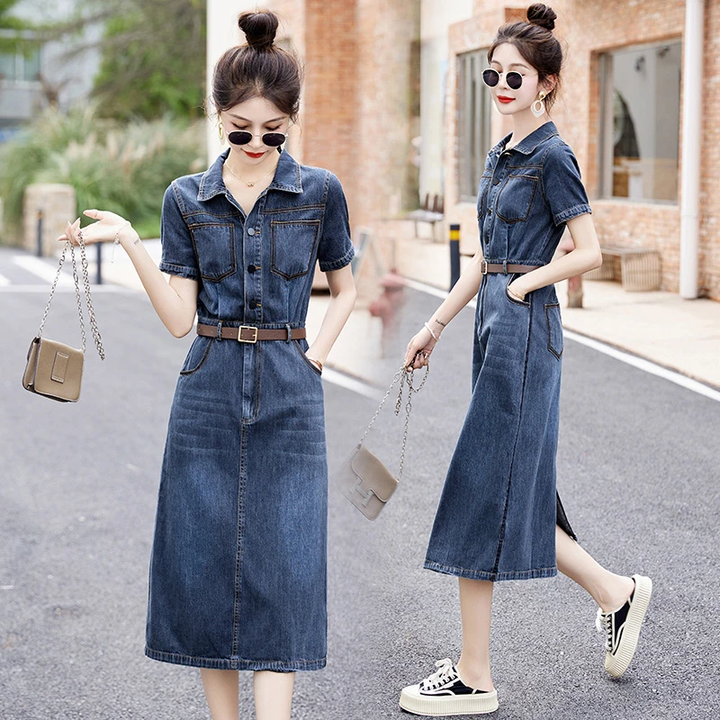 复古港风牛仔连衣裙女薄款2024夏季新款设计感小众收腰显瘦衬衫裙