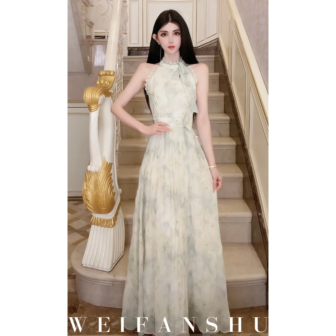 WEIFANSHU/魏凡舒【丛林仙境】春夏新款法式清冷感露肩气质连衣裙