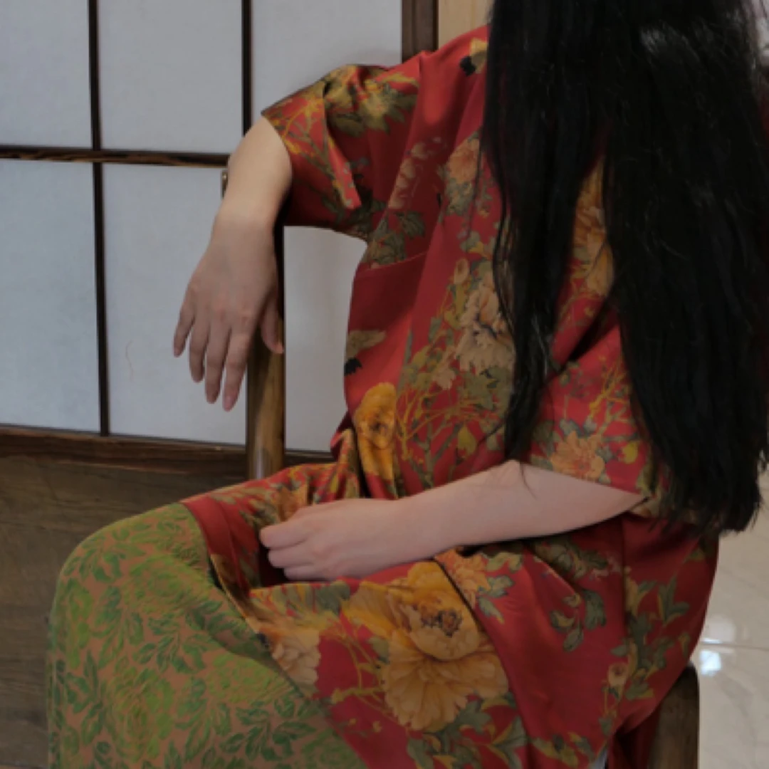 国色天香—红色牡丹立领中长袍旗袍印花宽松复古中国风长款中式