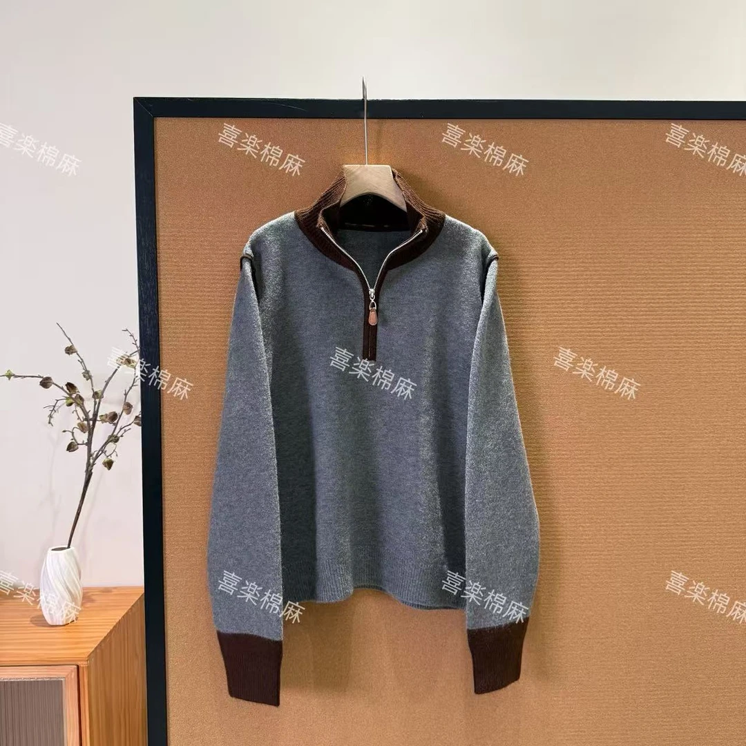 喜樂  2025立领拼接撞色抗起球半开领套头针织衫秋季新款女士上衣