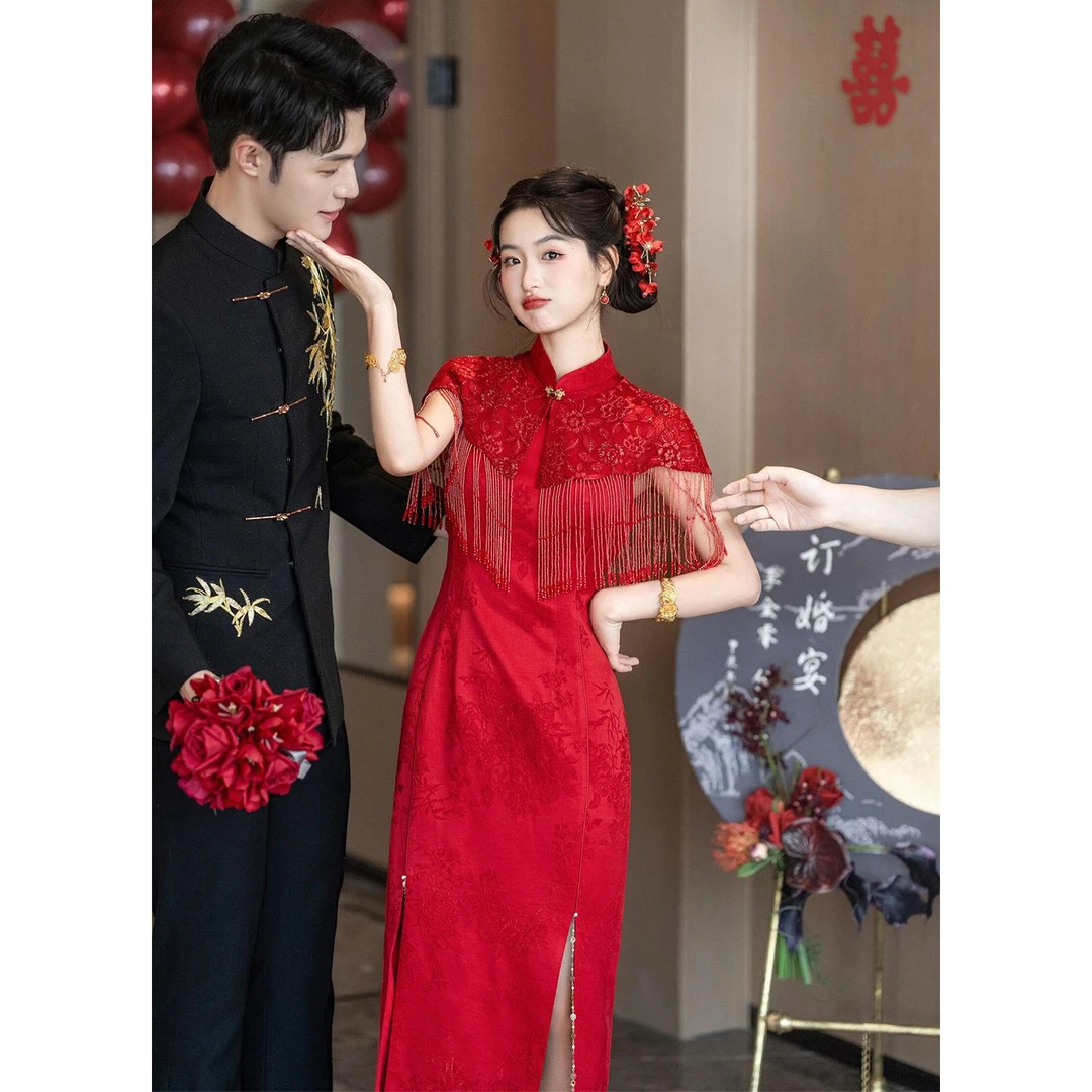 新中式旗袍敬酒服2025新款高级感酒红色两件套新娘订婚结婚礼服裙