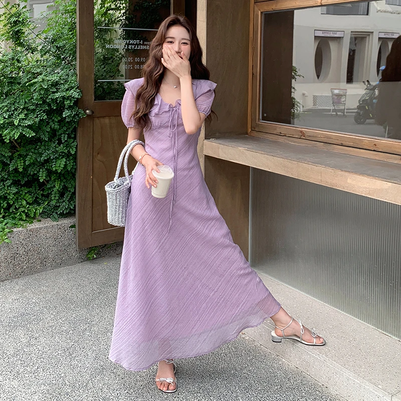 率新款香芋色连衣裙夏季SMLXL紫甜优雅