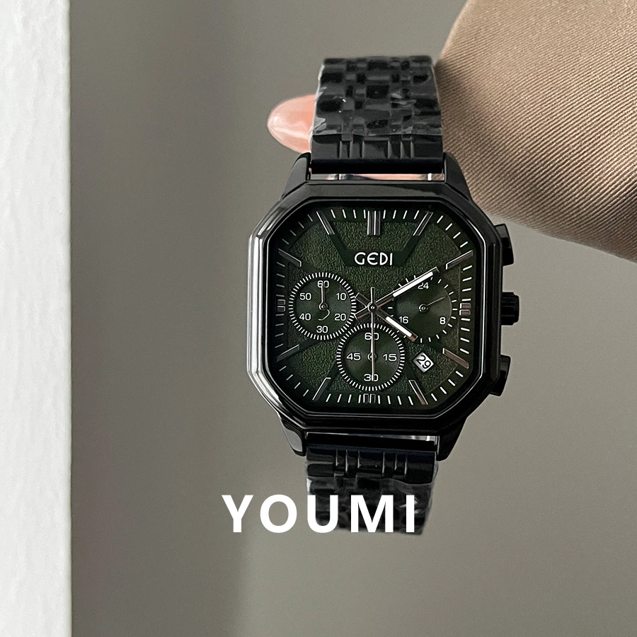 柚米黑绿色钢带甜酷风女士小众轻奢休闲百搭女款大表盘石英手表女