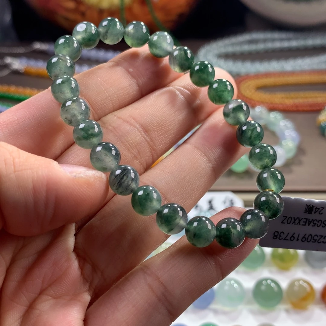 翡翠未镶嵌手链特色冰胶乌鸡飘绿花手串 卡7.4