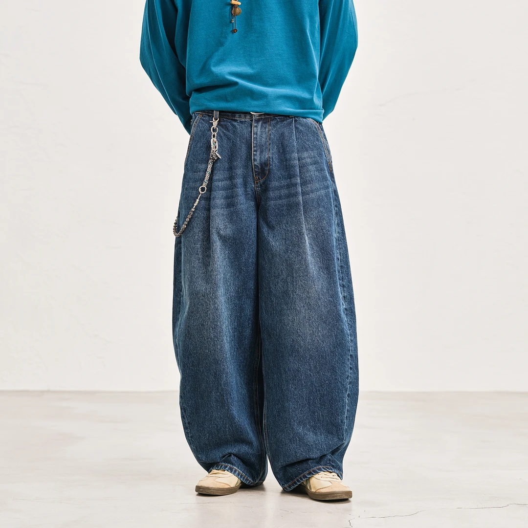 JUPSTUDIO水洗蓝色波浪纹牛仔裤男春秋收腰宽松直筒阔腿裤子长裤