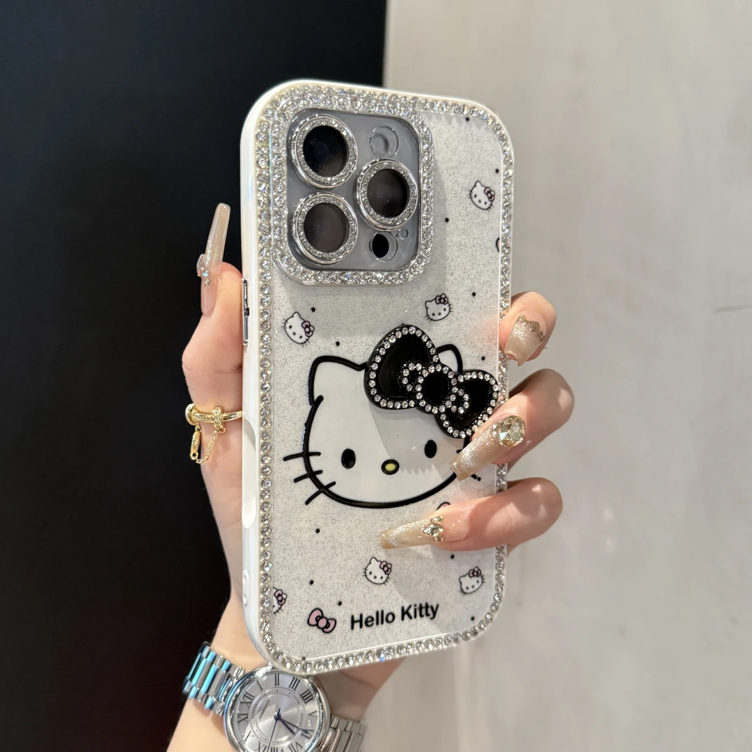 全包边镶钻蝴蝶结KT猫适用苹果16手机壳iPhone15苹果手机壳