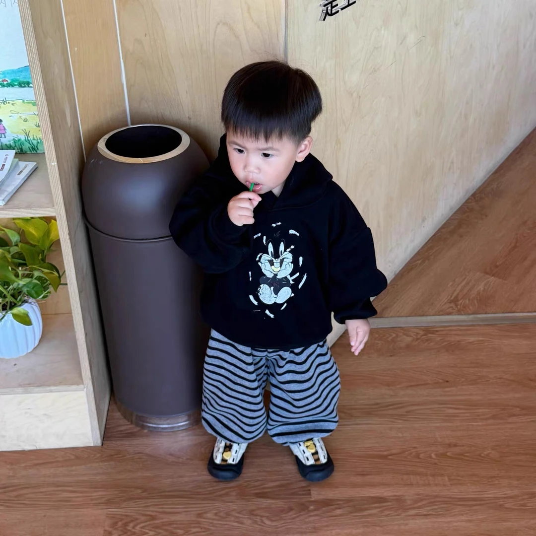 2025春秋季新款韩版男童套装儿童连帽卫衣女童百搭条纹卫裤两件套