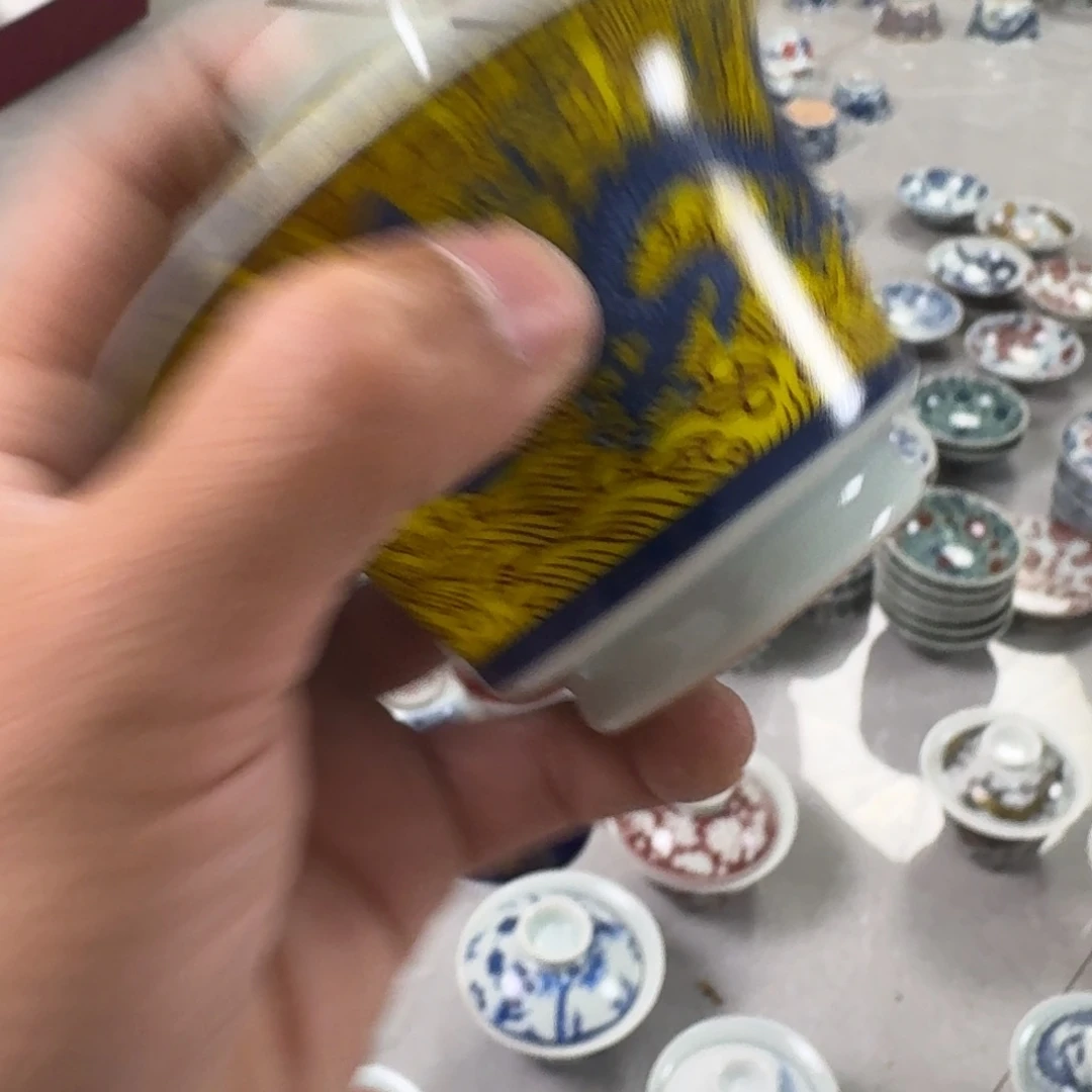 摆件黄海水龙两才盖碗