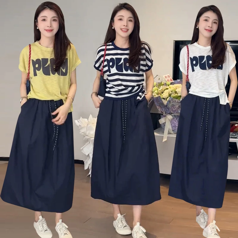 爆款设计感夏季休闲套装女装不规则短袖针织衫+半身裙时尚两件套