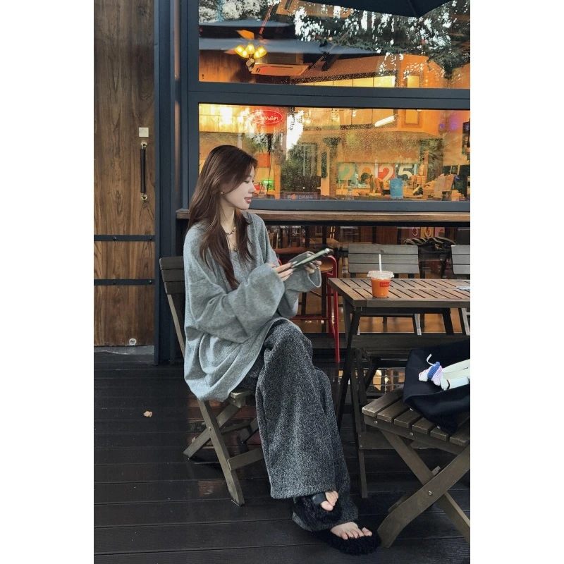 度假慵懒风套装女松弛感撞色条纹罩衫长袖上衣宽松显瘦休闲阔腿裤