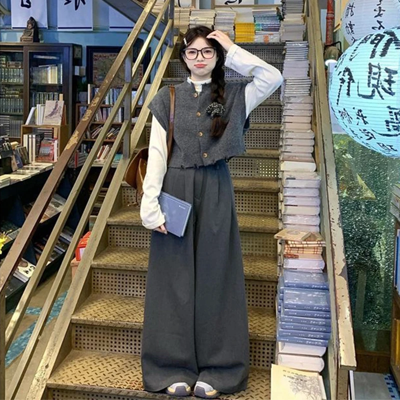 微胖妹妹大码气质马甲阔腿裤套装女深秋冬季遮肉显瘦高级感三件套