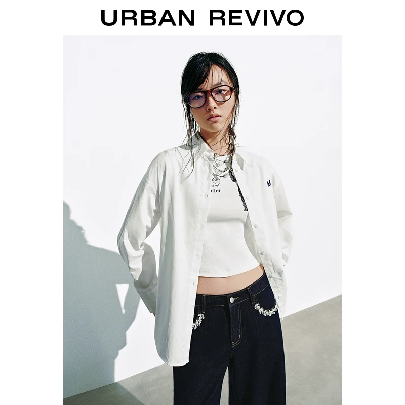 UR2025秋季新款女装简约日常通勤刺绣棉质开襟衬衫UYB250010
