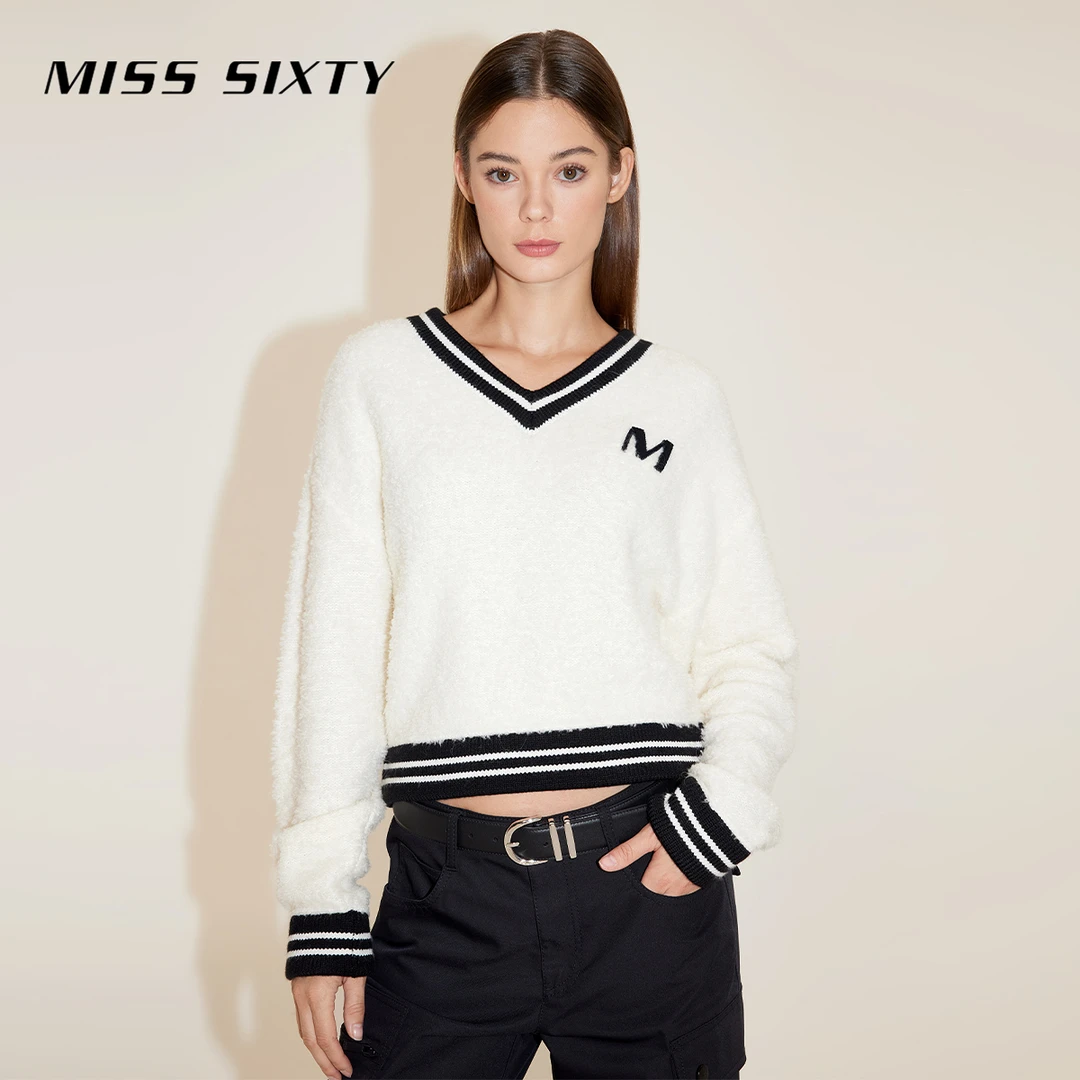 Miss Sixty2024春季新款针织衫女V领拼色学院知识分子风