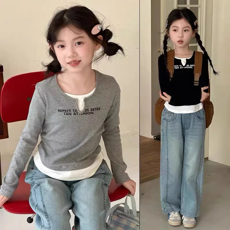 女童长袖t恤2025春秋新款中大童韩系假两件上衣儿童春装打底衫ins