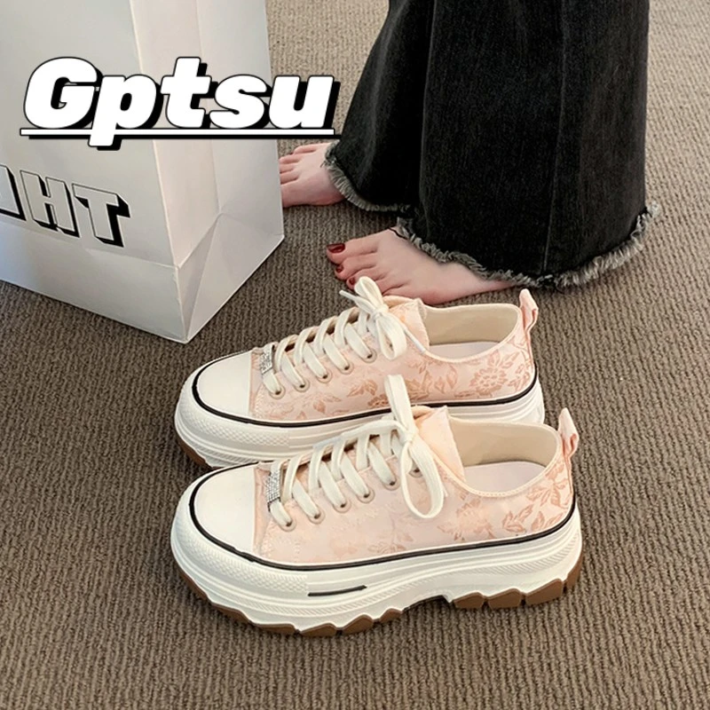 GPTSu帆布鞋女新款秋季透气高级感时尚休闲运动厚底增高松糕女鞋