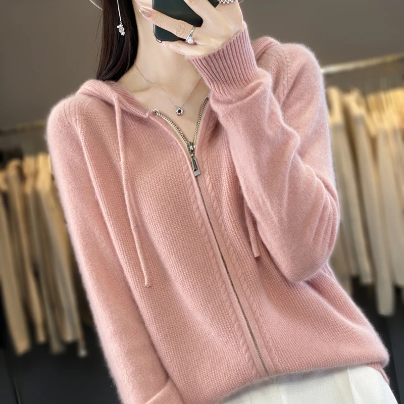 【双拉链帽衫】100羊毛衫桂花针提花减领宽松显瘦毛衣女冬内搭外穿