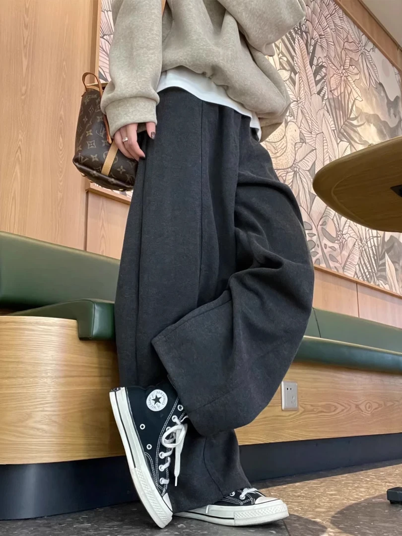 加绒加厚毛呢阔腿裤女秋冬新款大码胖mm梨型身材宽松设计感休闲裤