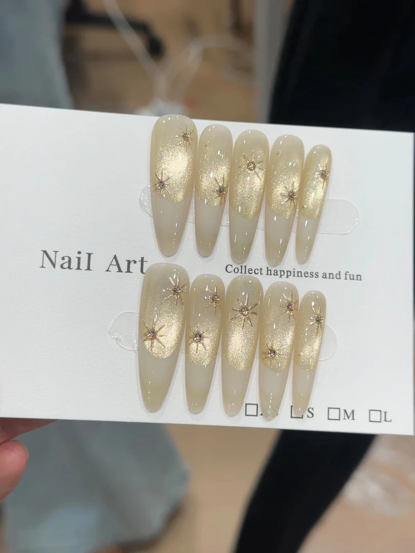 【鎏金】拾星日月鎏金猫眼裸色显白简约高级手工穿戴甲