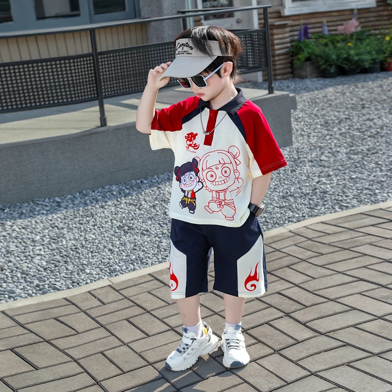 男童夏季短袖套装2025新款哪吒时尚吸汗流行夏款宝宝短裤儿童衣服