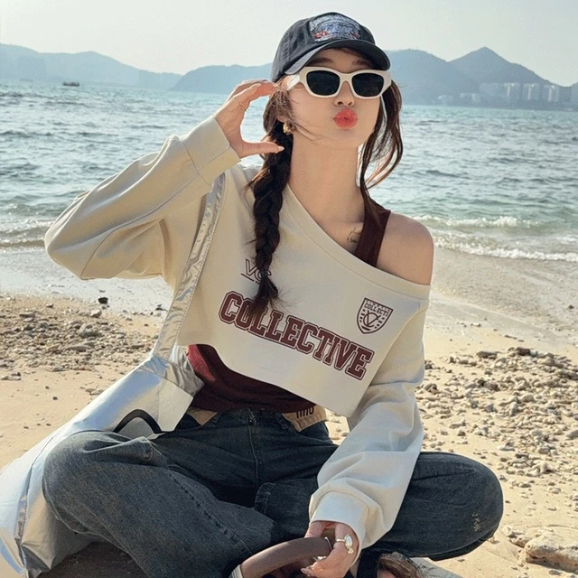 短款斜肩长袖T恤女2025年春夏季新款卫衣吊带两件套装露肩小上衣