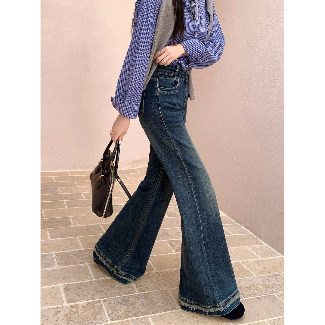 2025新款设计感弹力喇叭牛仔裤早秋大码女装高腰显瘦流苏微喇裤