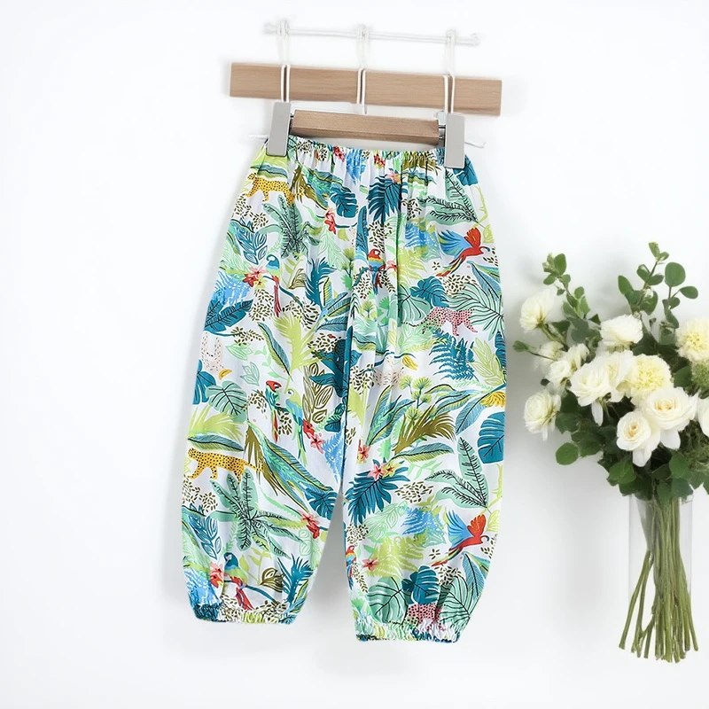 儿童防蚊裤男童夏季薄款棉绸宝宝睡裤女童绵绸灯笼裤大童恐龙裤子
