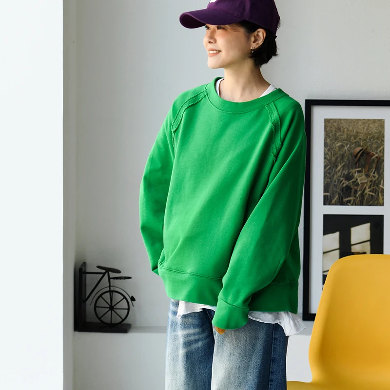 R67261 韩版百搭外缝圆领插肩袖显瘦纯棉套头卫衣女25秋 米兰宣言