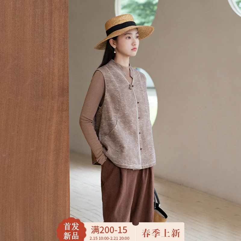 言作早春新品手工炒色凤尾花棉麻提花新中式复古马甲 致明日的舞